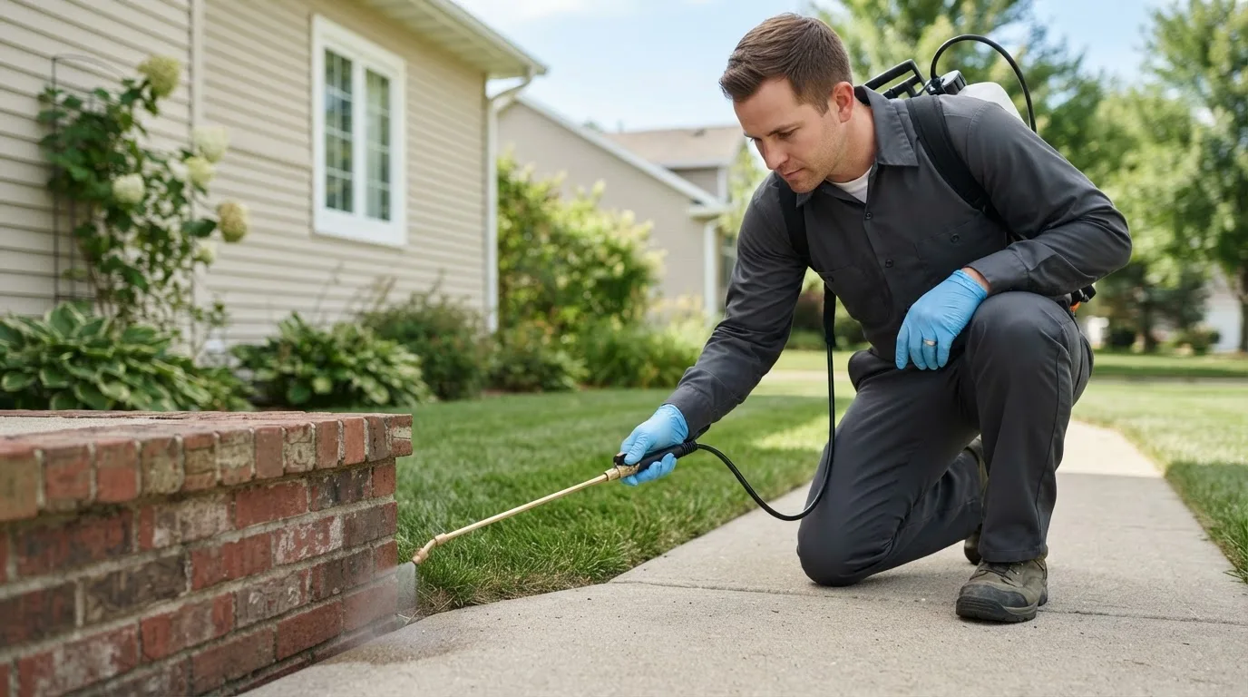 Pest control technician treating a home near Spurgeon, IN