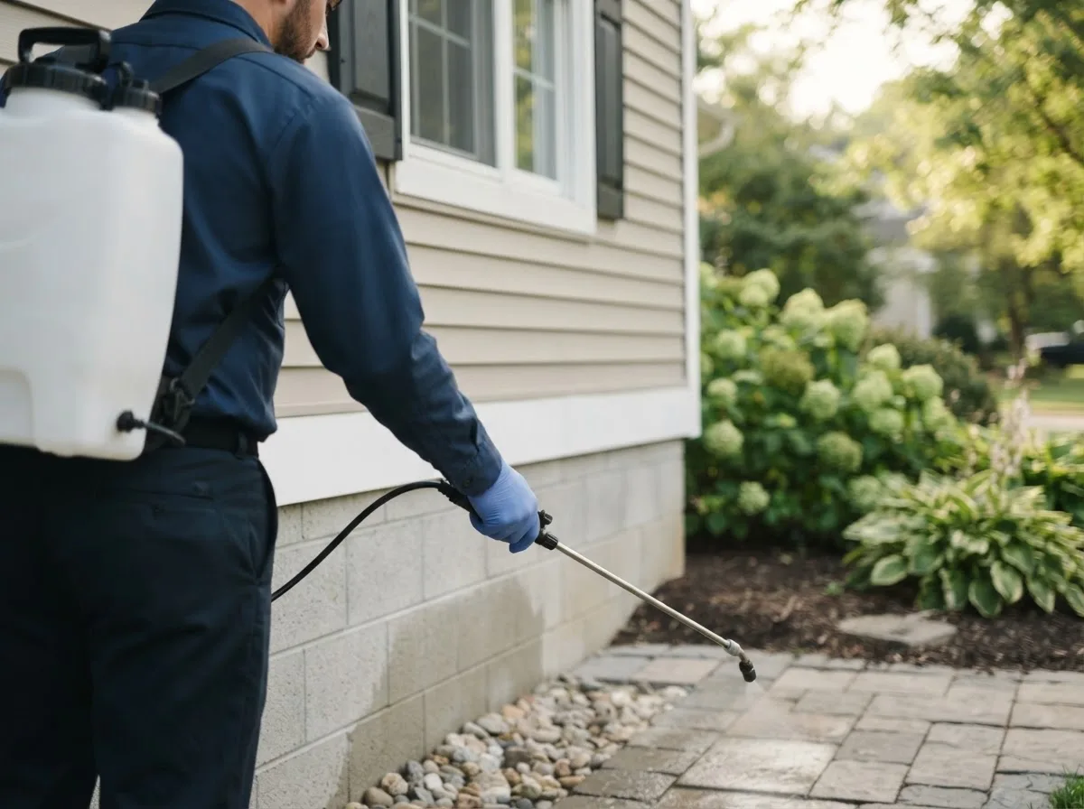 Pest control technician inspecting a home in Spurgeon, IN